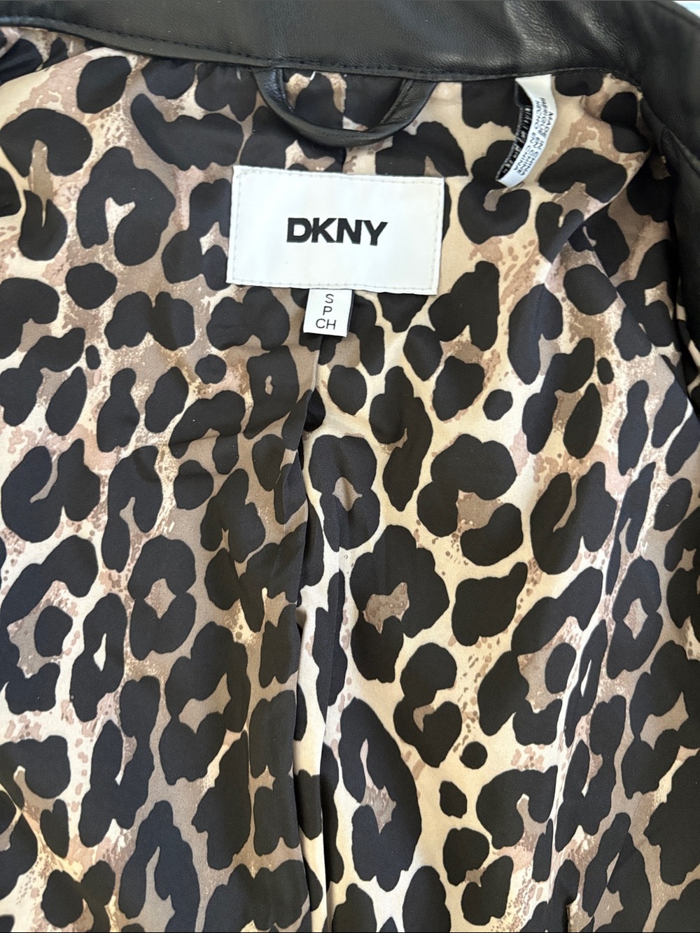 DKNY Black Faux Leather Jacket with Leopard Trim - Picture 2 of 6